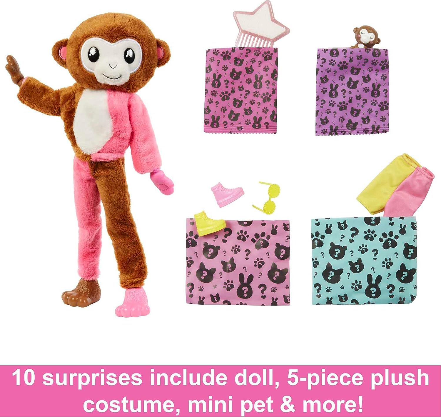 Barbie Cutie Reveal Fashion Doll, Jungle Series Monkey Plush Costume, 10 Surprises Including Mini Pet  Color Change