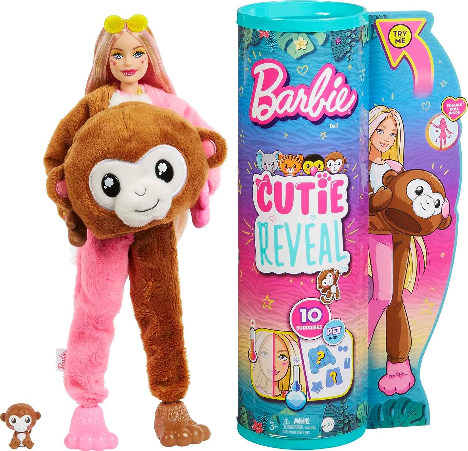 Barbie Cutie Reveal Fashion Doll, Jungle Series Monkey Plush Costume, 10 Surprises Including Mini Pet  Color Change